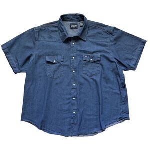 Vintage Wrangler Blue Denim Mens Size 3XL Shirt Western Pearl Snap Pocket Cotton